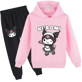 Black Kuromi Print Kids Girls Hoodie Sweatshirt Hooded Sweater Jogger Pants Tracksuit Set.