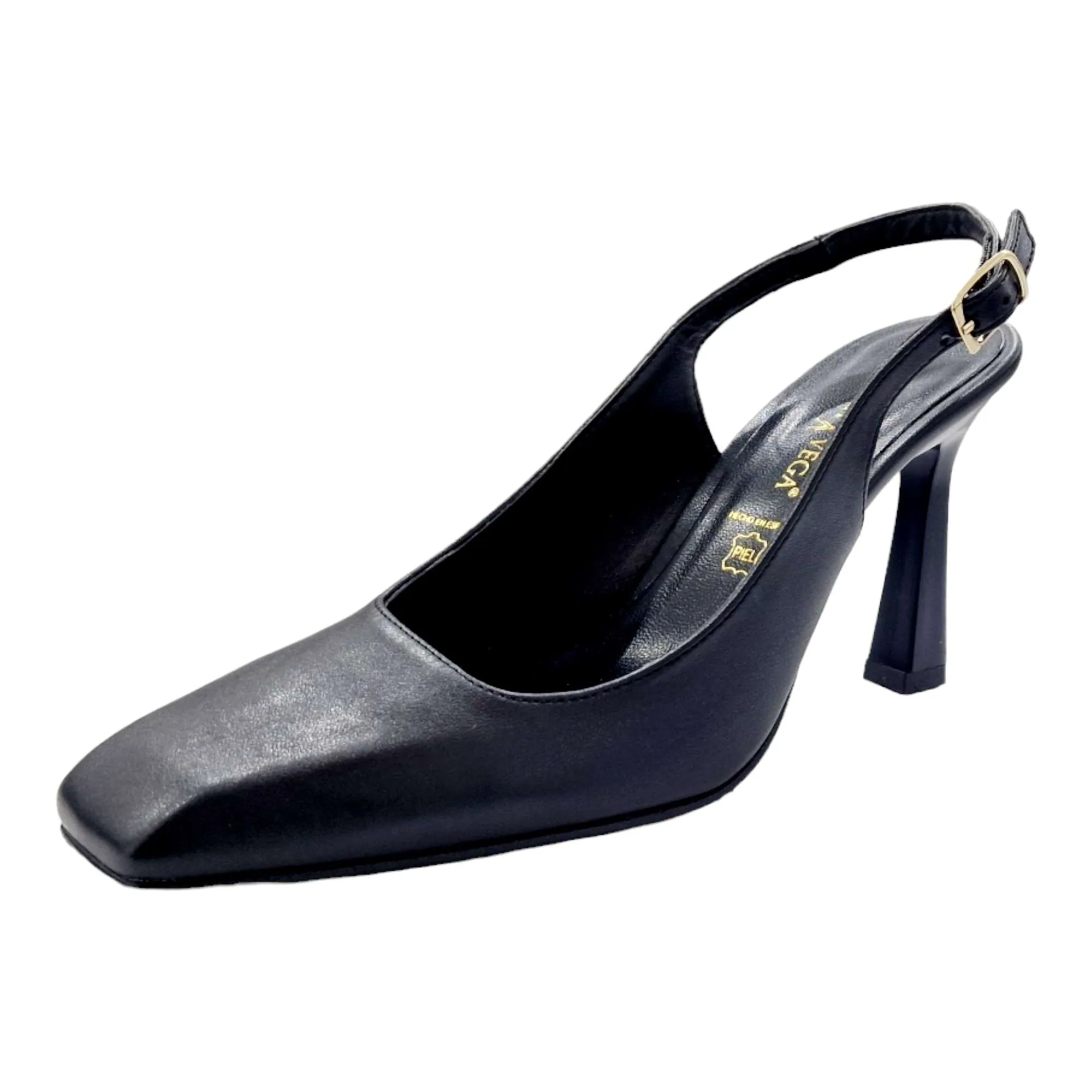 Black pointed-toe pumps with thin elephant heels for women.