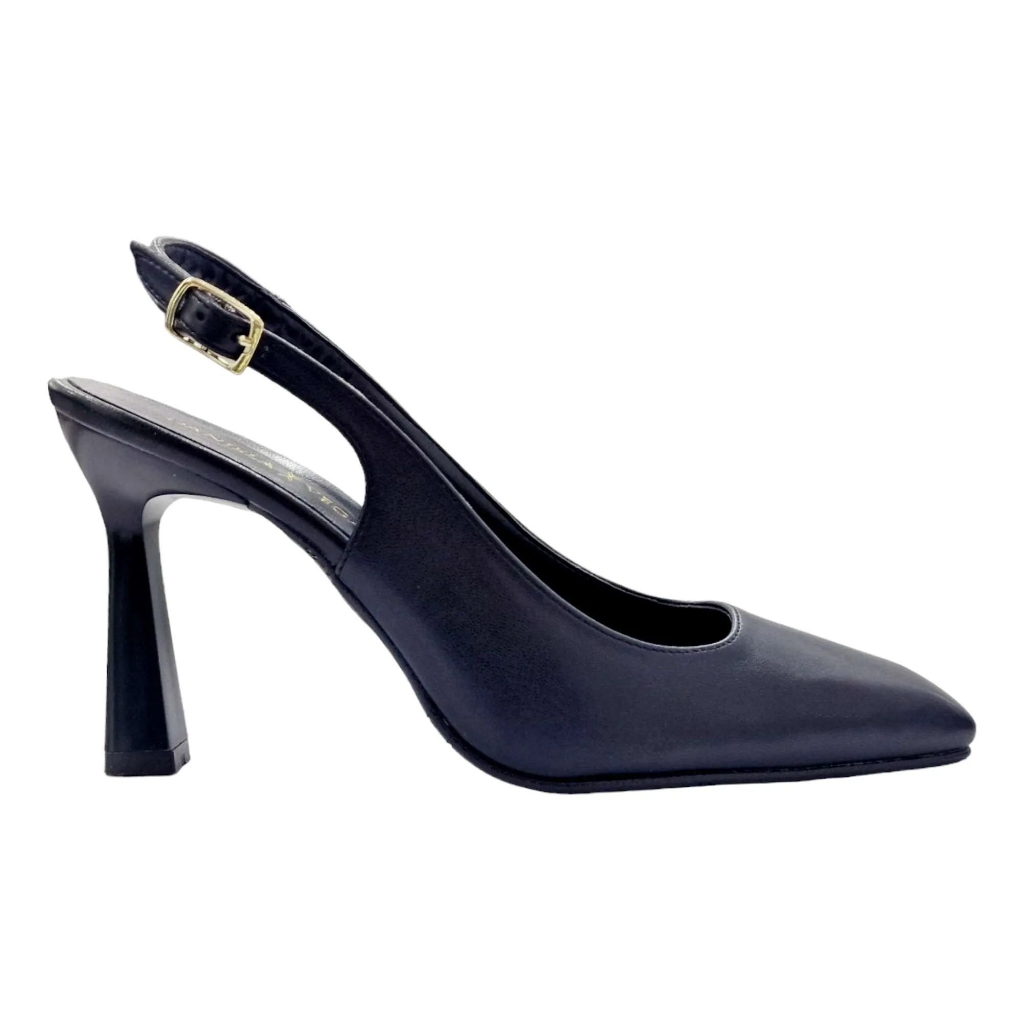 Black pointed-toe pumps with thin elephant heels for women.