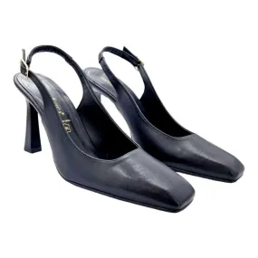 Black pointed-toe pumps with thin elephant heels for women.