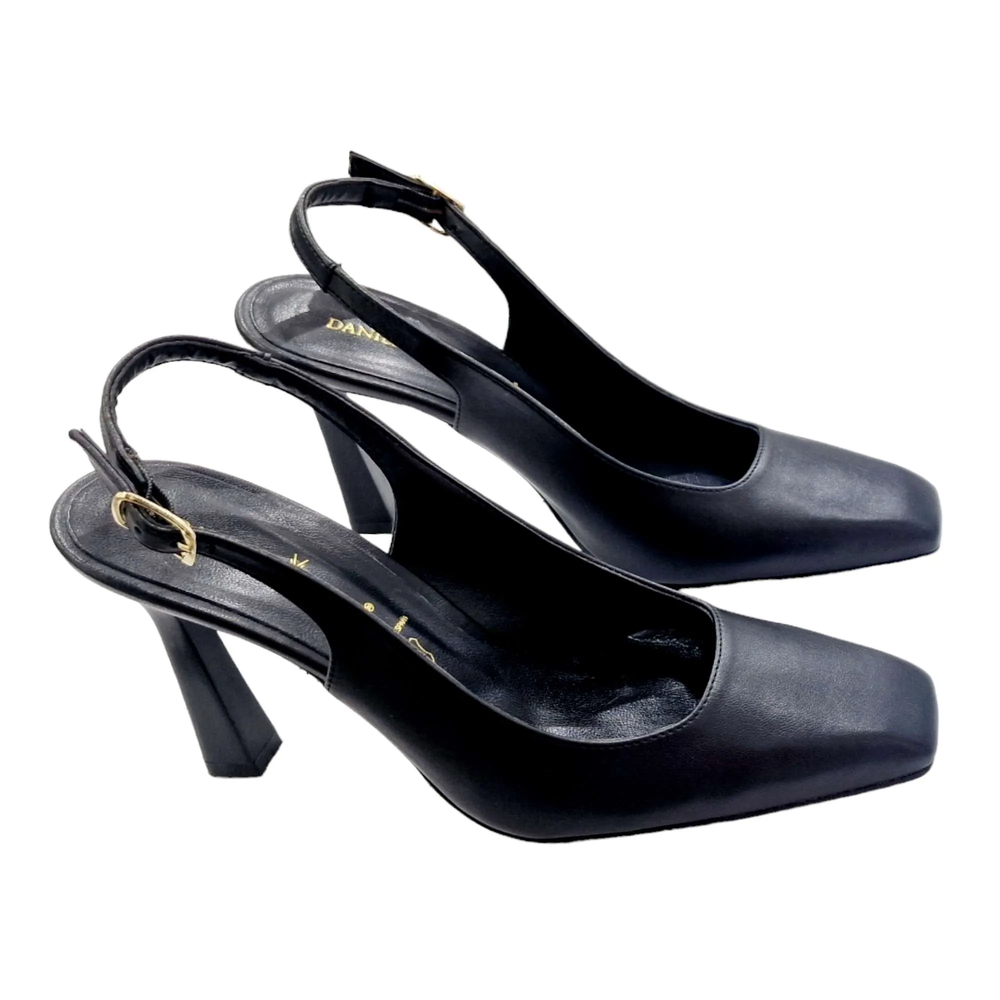 Black pointed-toe pumps with thin elephant heels for women.