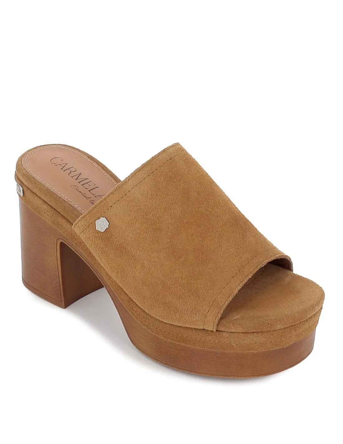 CARMELA Women's Camel Suede Clog with Chunky Wooden Heel