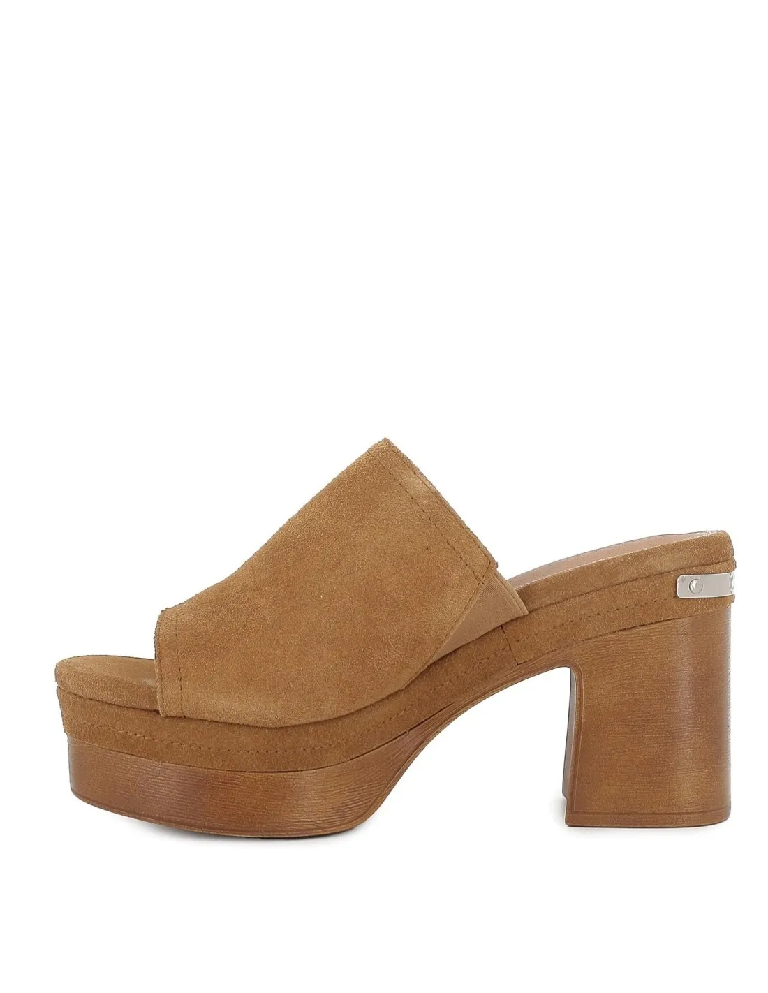 CARMELA Women's Camel Suede Clog with Chunky Wooden Heel