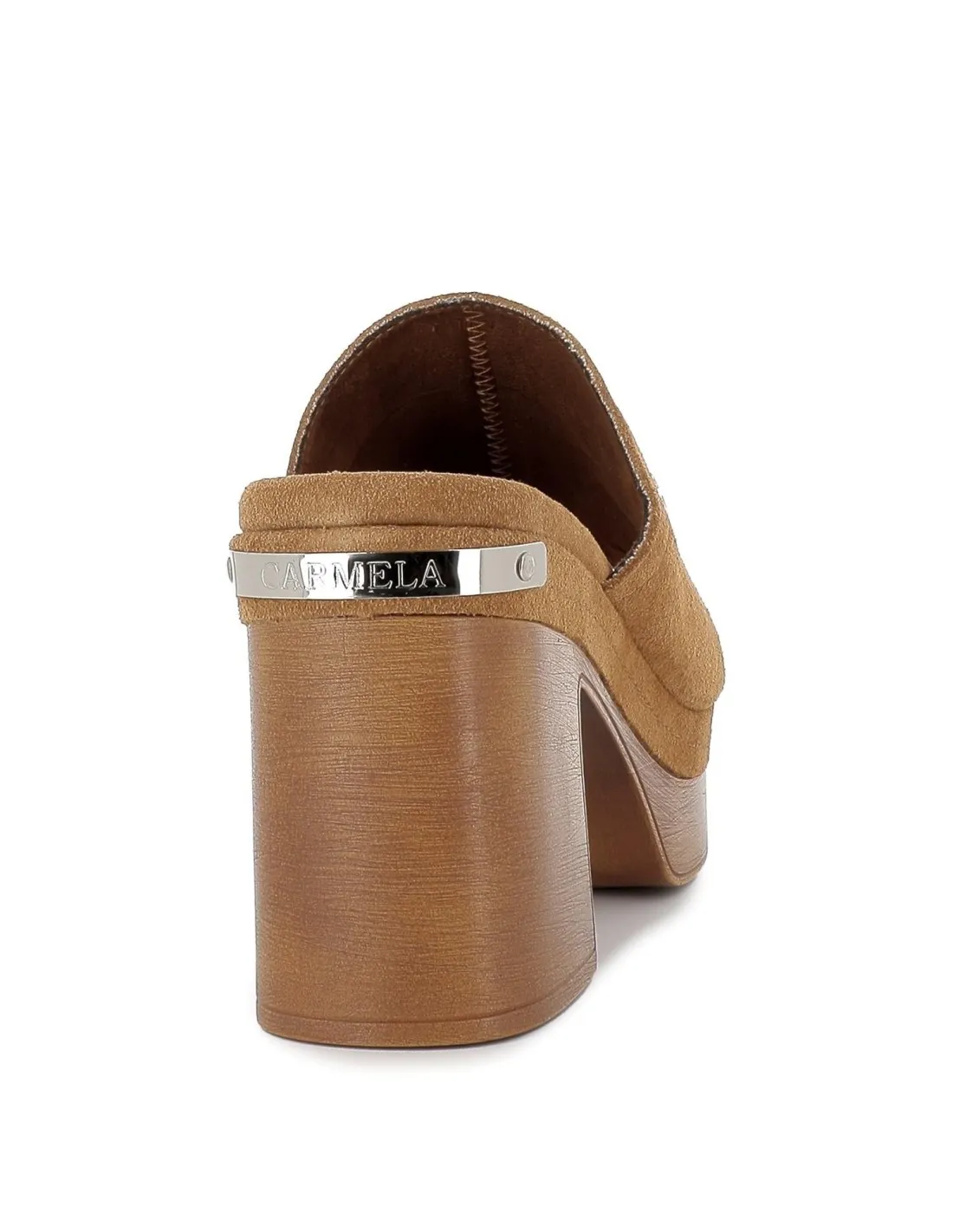 CARMELA Women's Camel Suede Clog with Chunky Wooden Heel