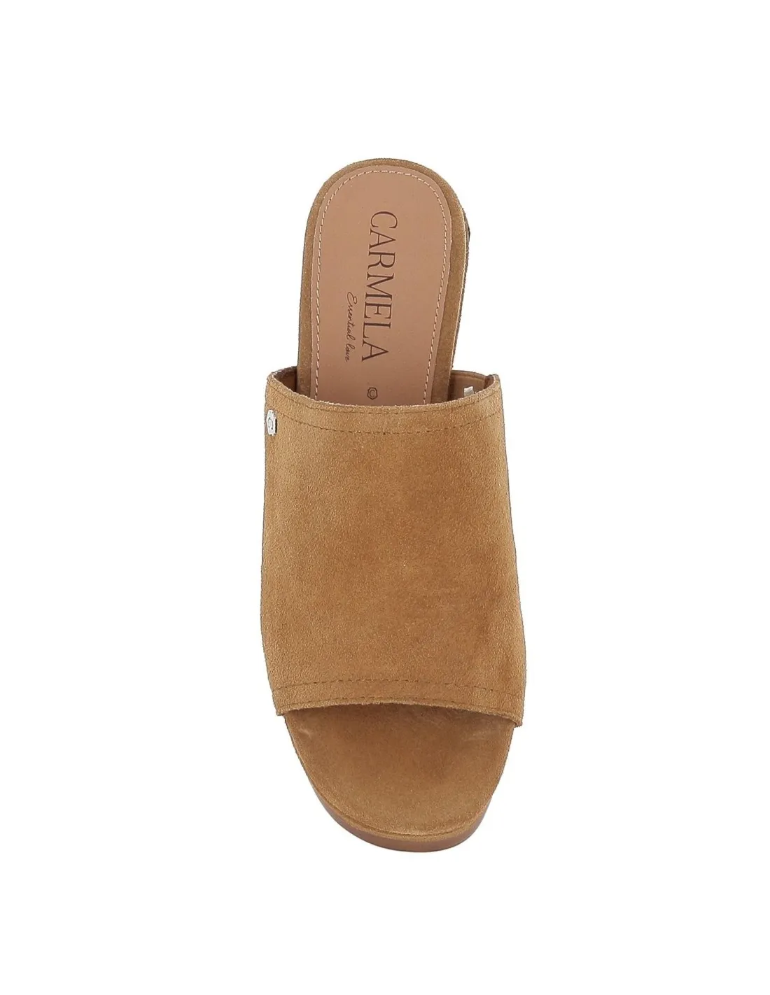 CARMELA Women's Camel Suede Clog with Chunky Wooden Heel