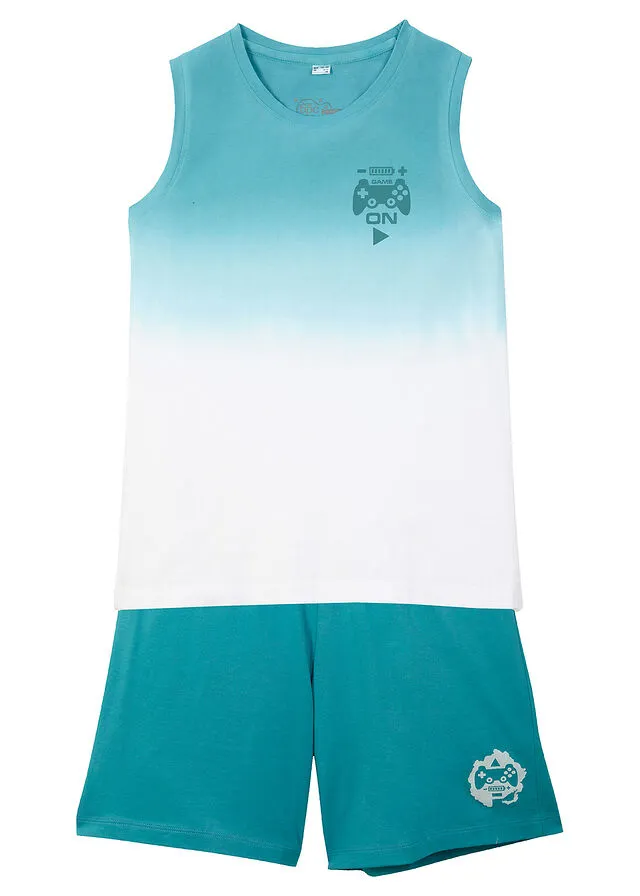 Dark Teal-White Printed Top and Shorts Set for Boys (2 Pieces)