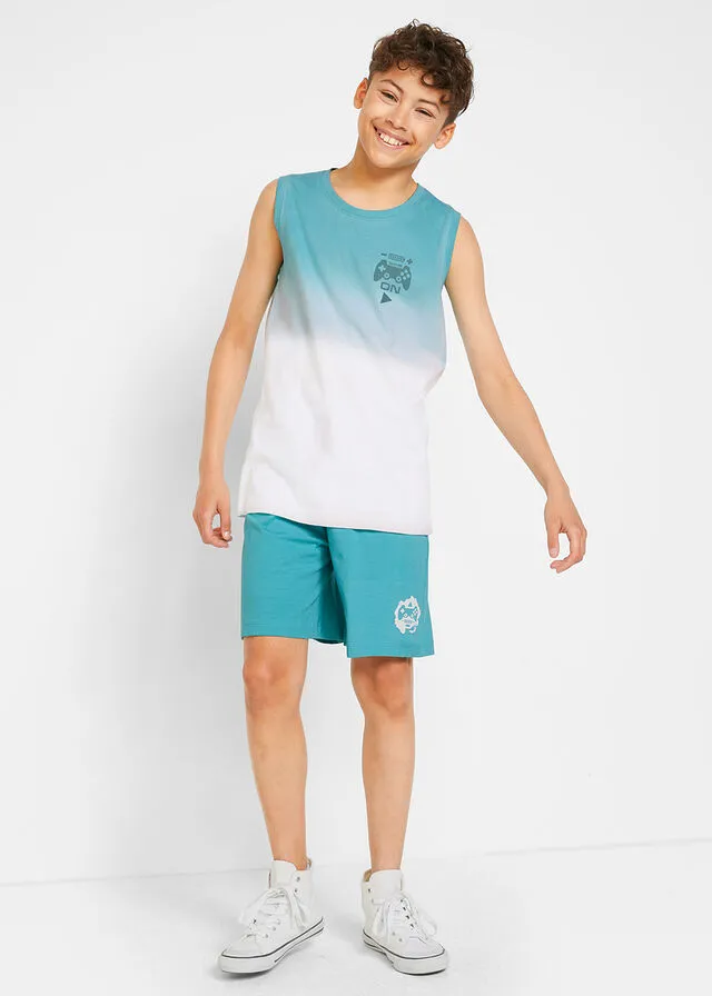 Dark Teal-White Printed Top and Shorts Set for Boys (2 Pieces)