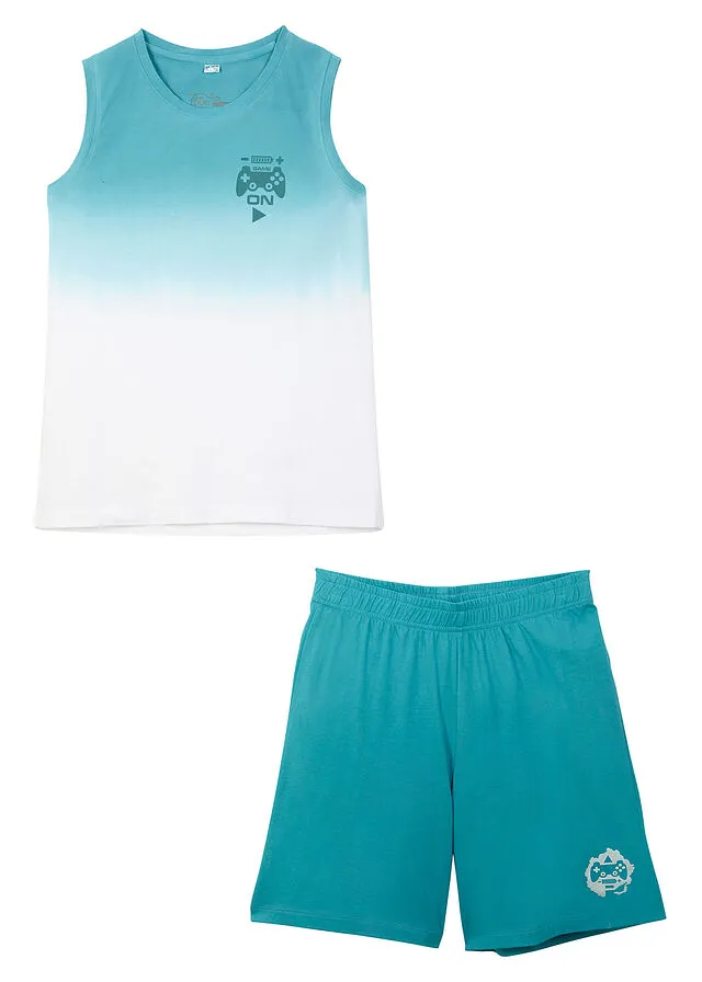 Dark Teal-White Printed Top and Shorts Set for Boys (2 Pieces)