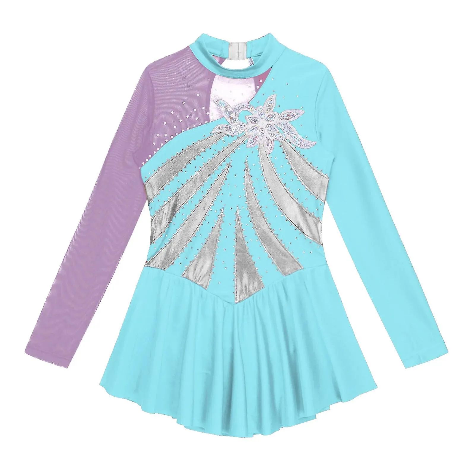 Girls Long Sleeve Shiny Rhinestone Skating Dress Hollow Back Sequins Floral Ballet Gymnastics Dance