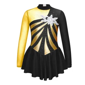 Girls Long Sleeve Shiny Rhinestone Skating Dress Hollow Back Sequins Floral Ballet Gymnastics Dance