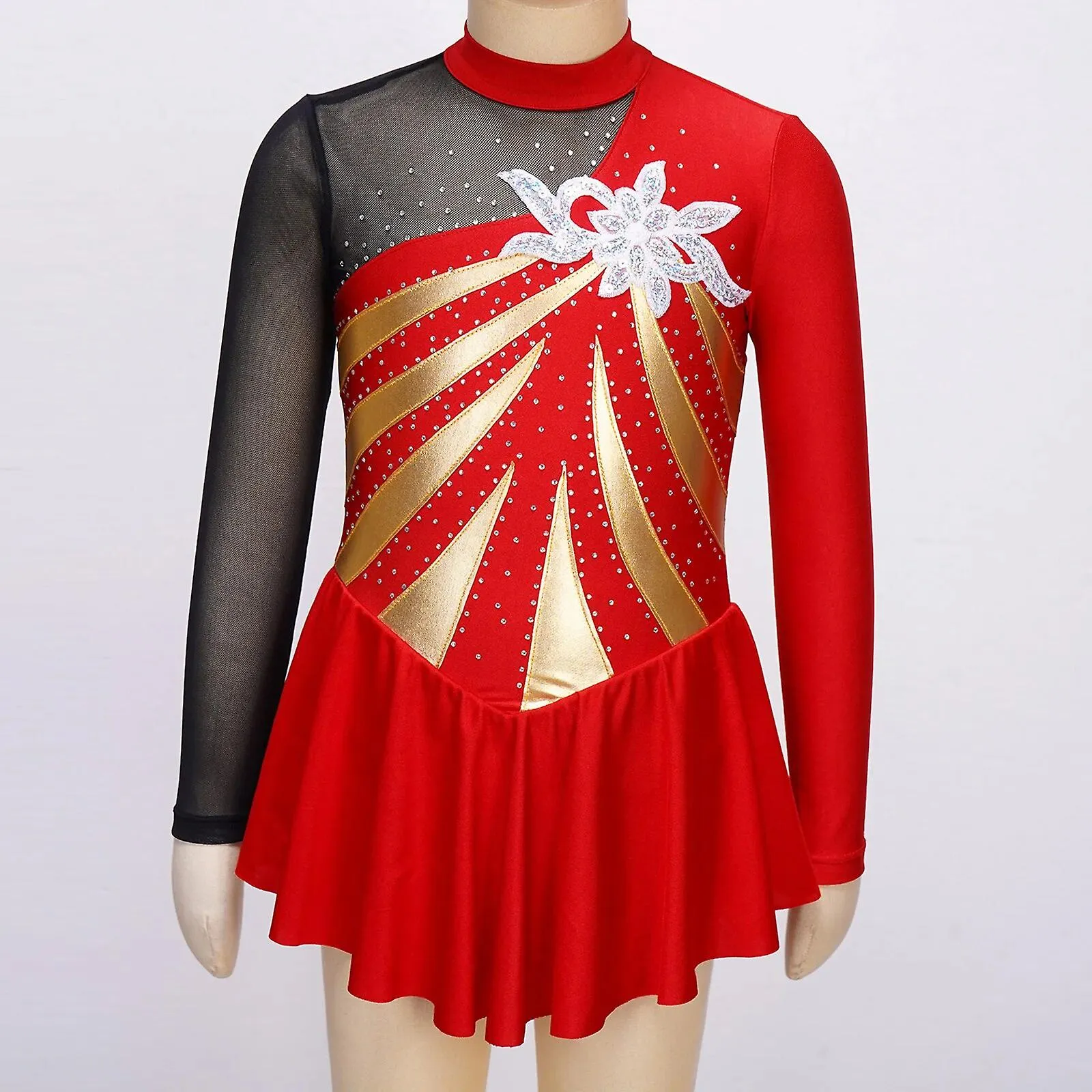 Girls Long Sleeve Shiny Rhinestone Skating Dress Hollow Back Sequins Floral Ballet Gymnastics Dance