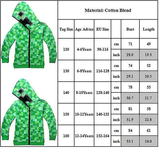 Kids Minecraft Creeper Zip Up Hoodie Coat Boys Girls Hooded Jacket Tops.