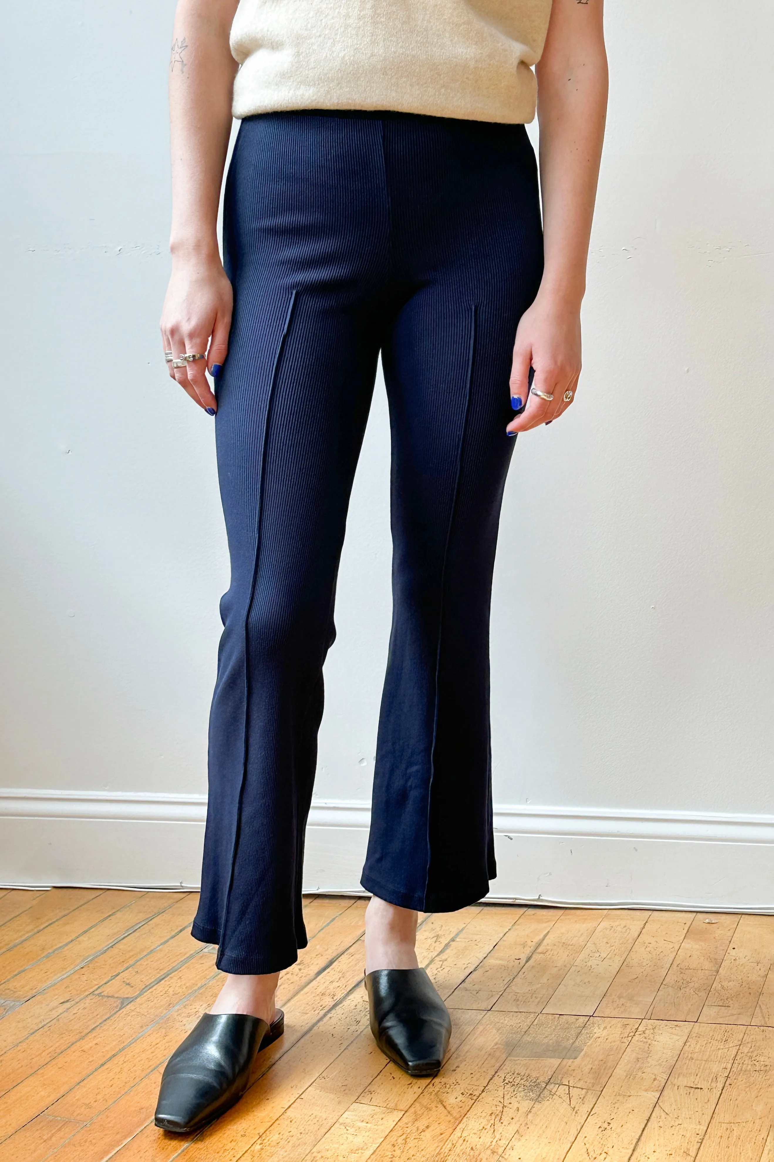 Navy Ribbed Kick Flare Pants