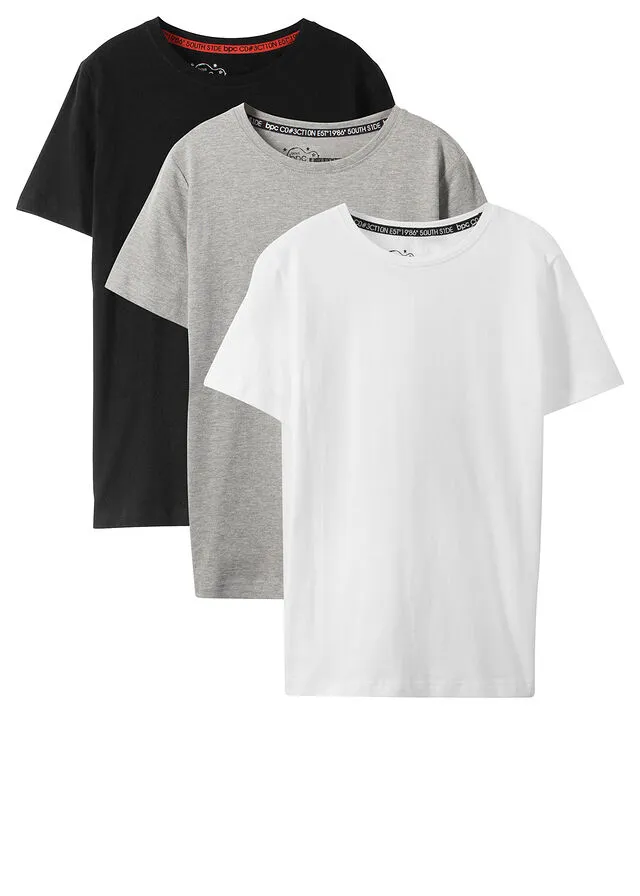 Organic Cotton Kids' Basic T-shirt Pack (3 pieces) - Black, Light Gray, White.