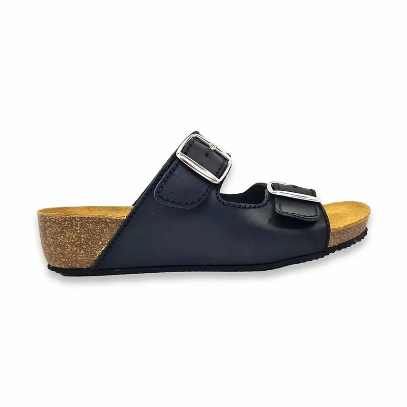 Sandalias de mujer piel negra con cuña baja y plantilla acolchada Blusandal 701BLU.