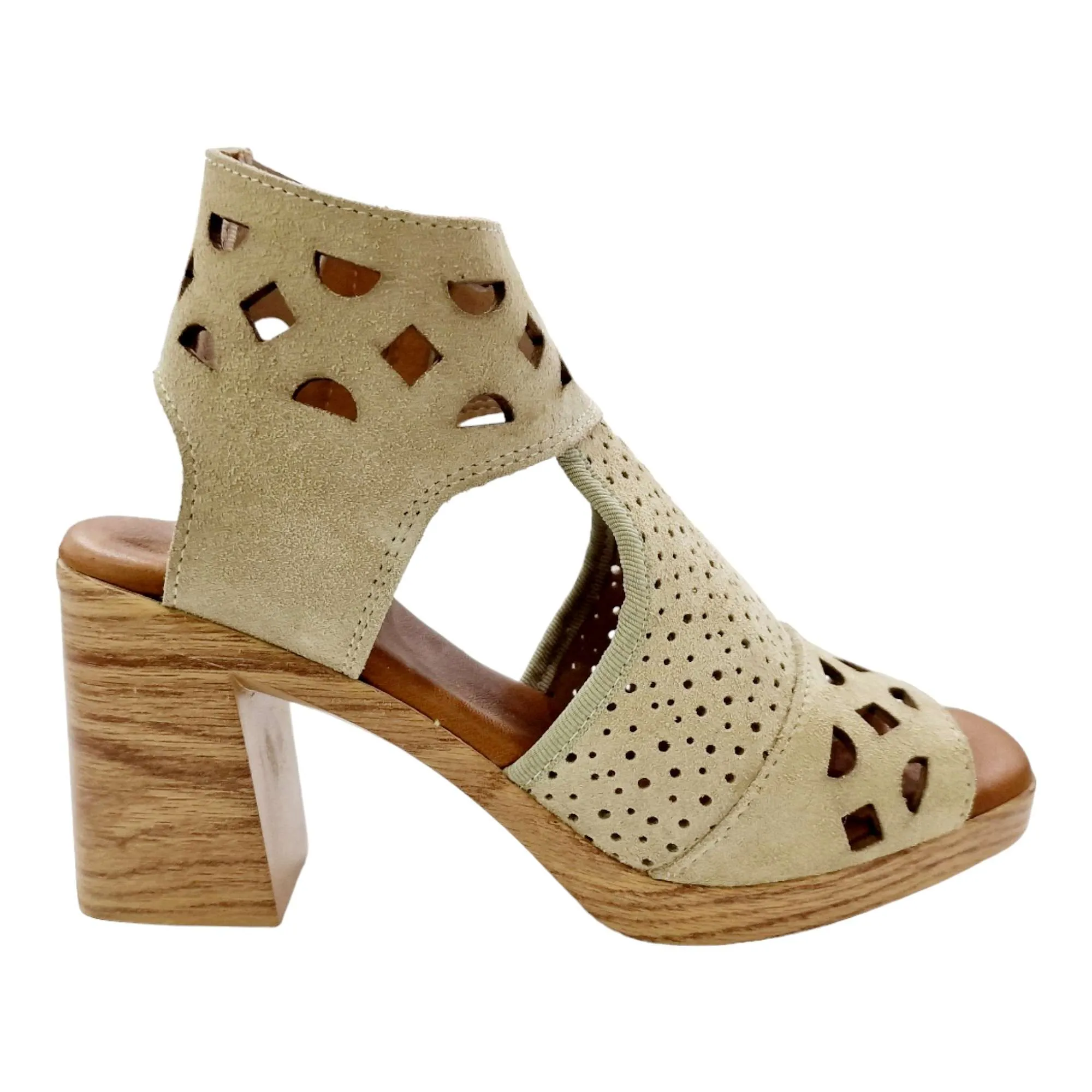 Square Heel Beige Suede Cutout Women's Sandals