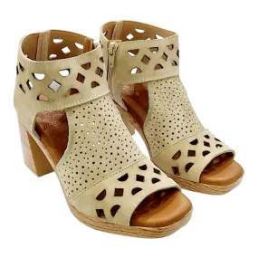 Square Heel Beige Suede Cutout Women's Sandals