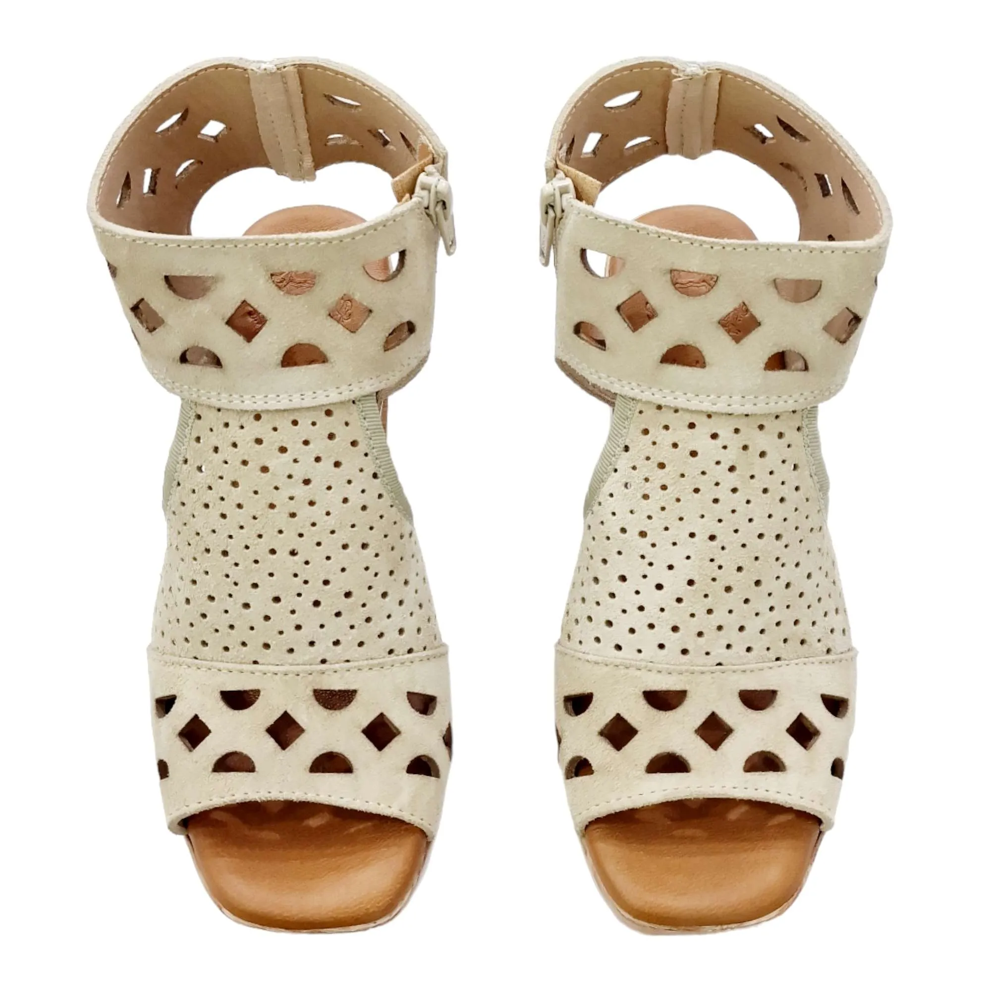 Square Heel Beige Suede Cutout Women's Sandals