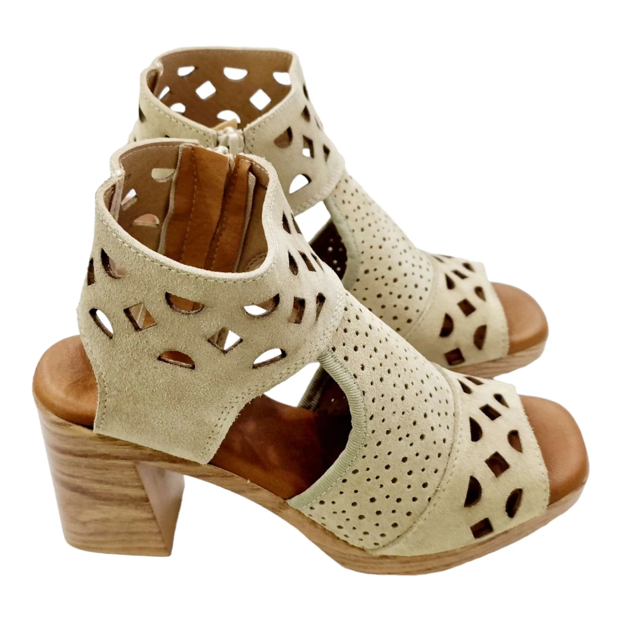 Square Heel Beige Suede Cutout Women's Sandals