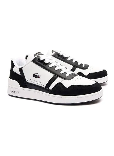 White and Black Lacoste T-Clip Leather Sneakers for Men