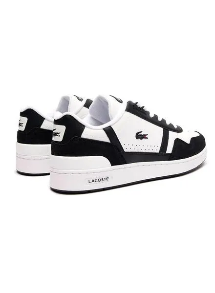 White and Black Lacoste T-Clip Leather Sneakers for Men