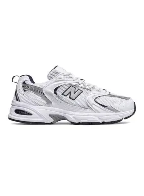 New Balance 530 white and navy sneakers for men and women.